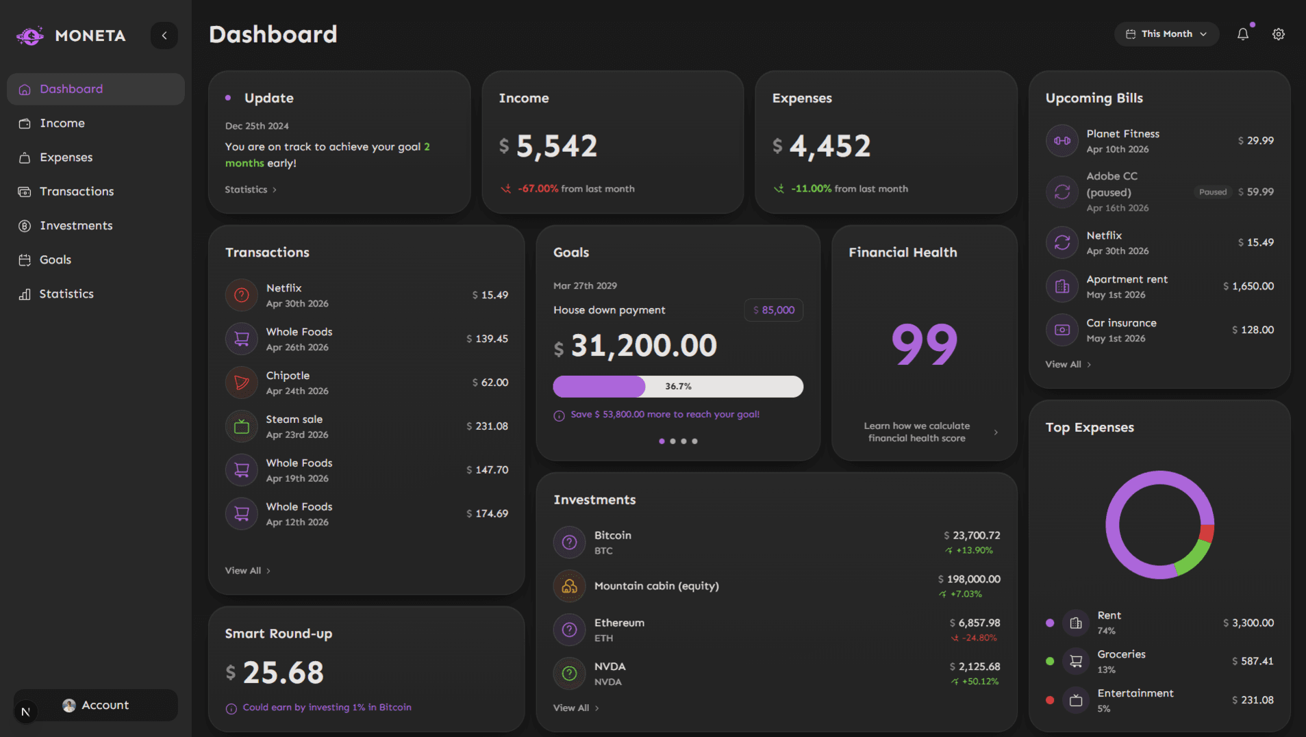 Moneta dashboard showing balances, goals, and recent activity